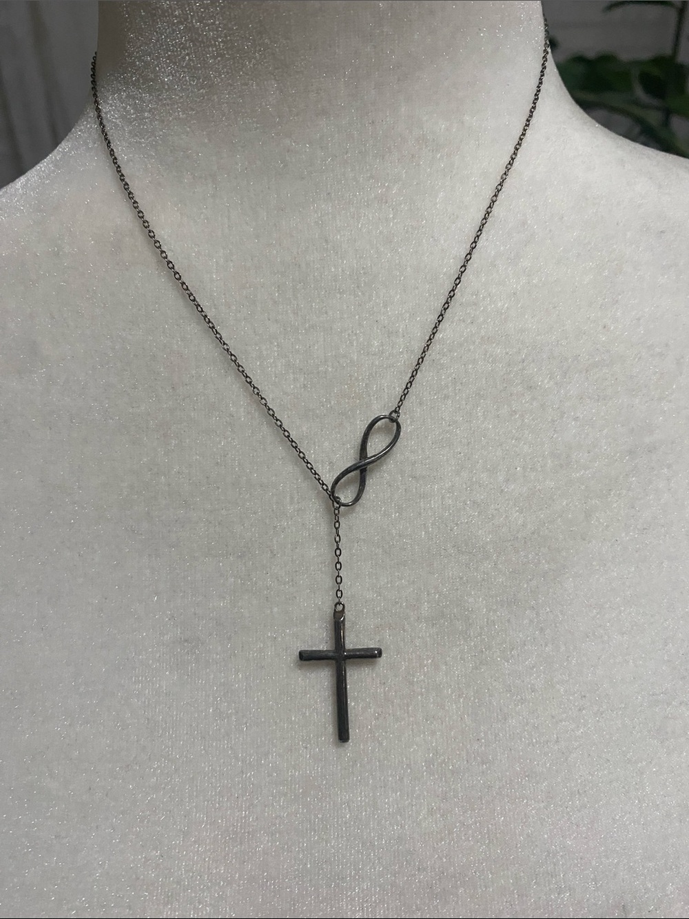Antiqued Gunmetal 925 Sterling Silver Infinity Cross Lariat Y-Necklace